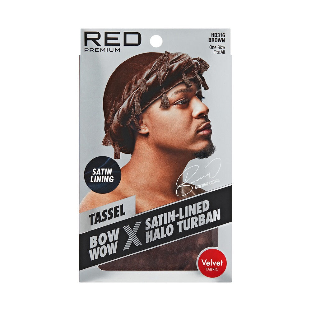 RED Satin Lined Tassel Halo Turban Velvet - Brown
