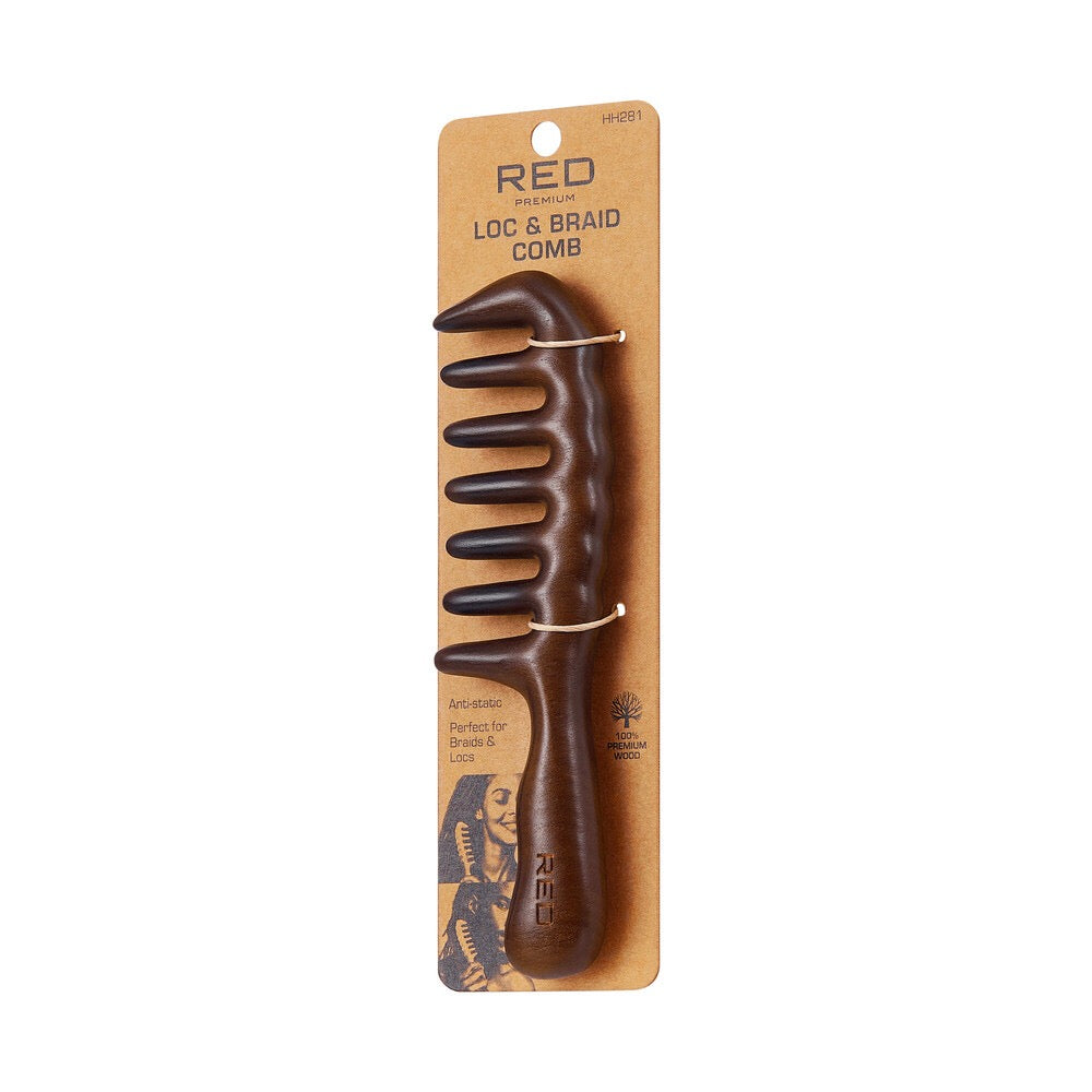 RED Loc and Braid Comb With Handle Wood