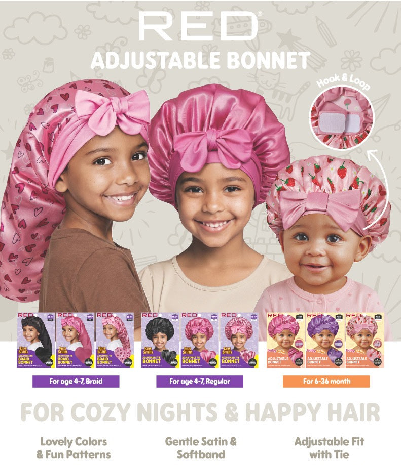 RED KIDS ADJUSTABLE TIE BONNET PINK