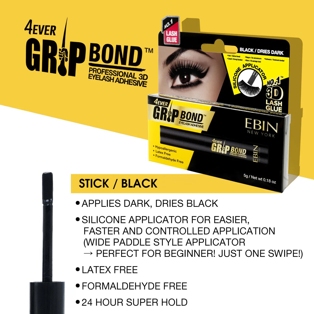 EBIN Eyelash Glue Grip Bond Black Stick Silicon Applicator
