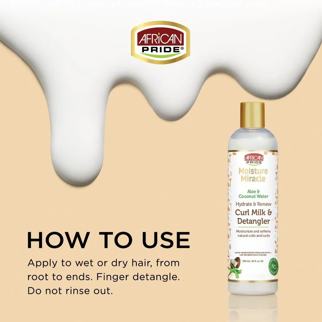 African Pride Moisture Miracle Hydrate & Renew Curl Milk & Hair Detangler 12oz