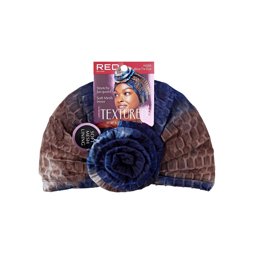 RED Textured Top Knot Turban Blue Tie Dye