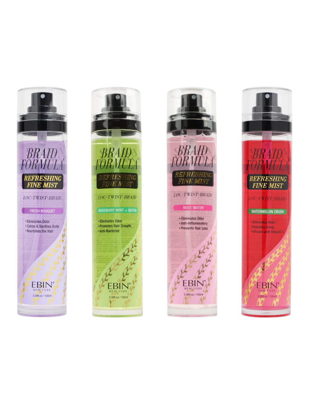 Four spray bottles of Ebin Braid Formula on a white background