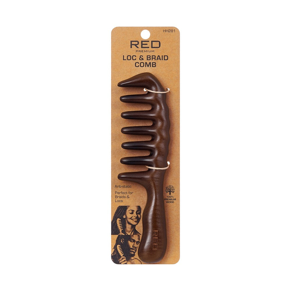 RED Loc and Braid Comb With Handle Wood