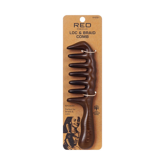 RED Loc and Braid Comb With Handle Wood