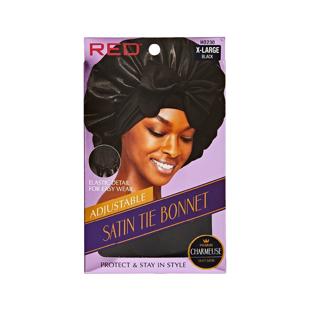 RED SATIN TIE BONNET XL BLACK/BLACK BAND