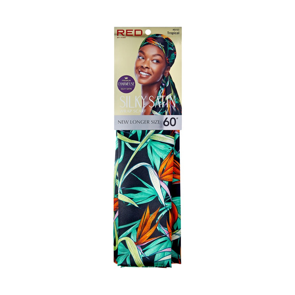 RED SILKY SATIN WRAP SCARF - TROPICAL
