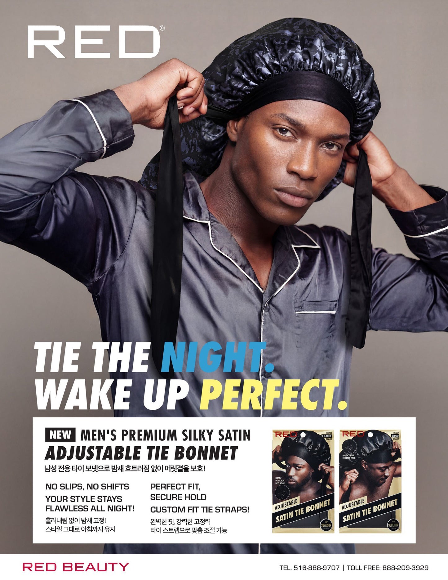 Red Mens Satin Tie Bonnet Braid Black
