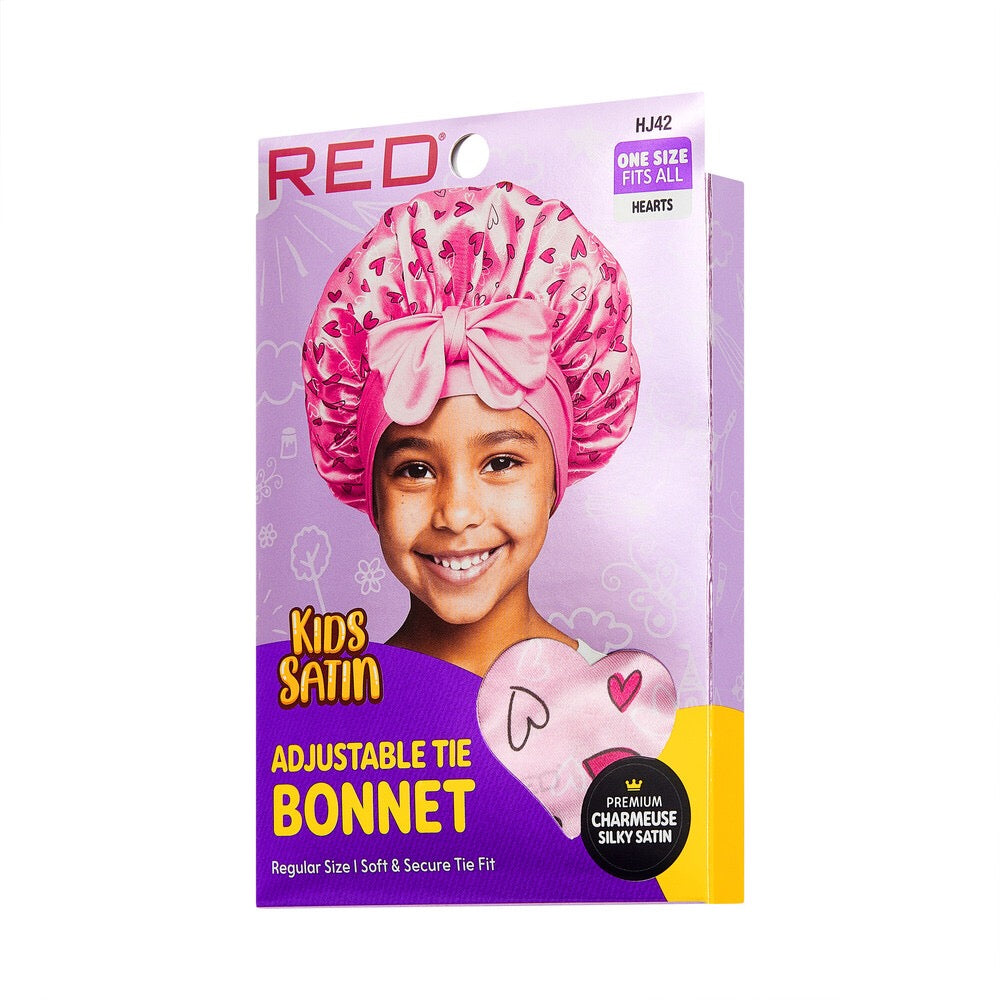 RED KIDS ADJUSTABLE TIE BONNET HEARTS