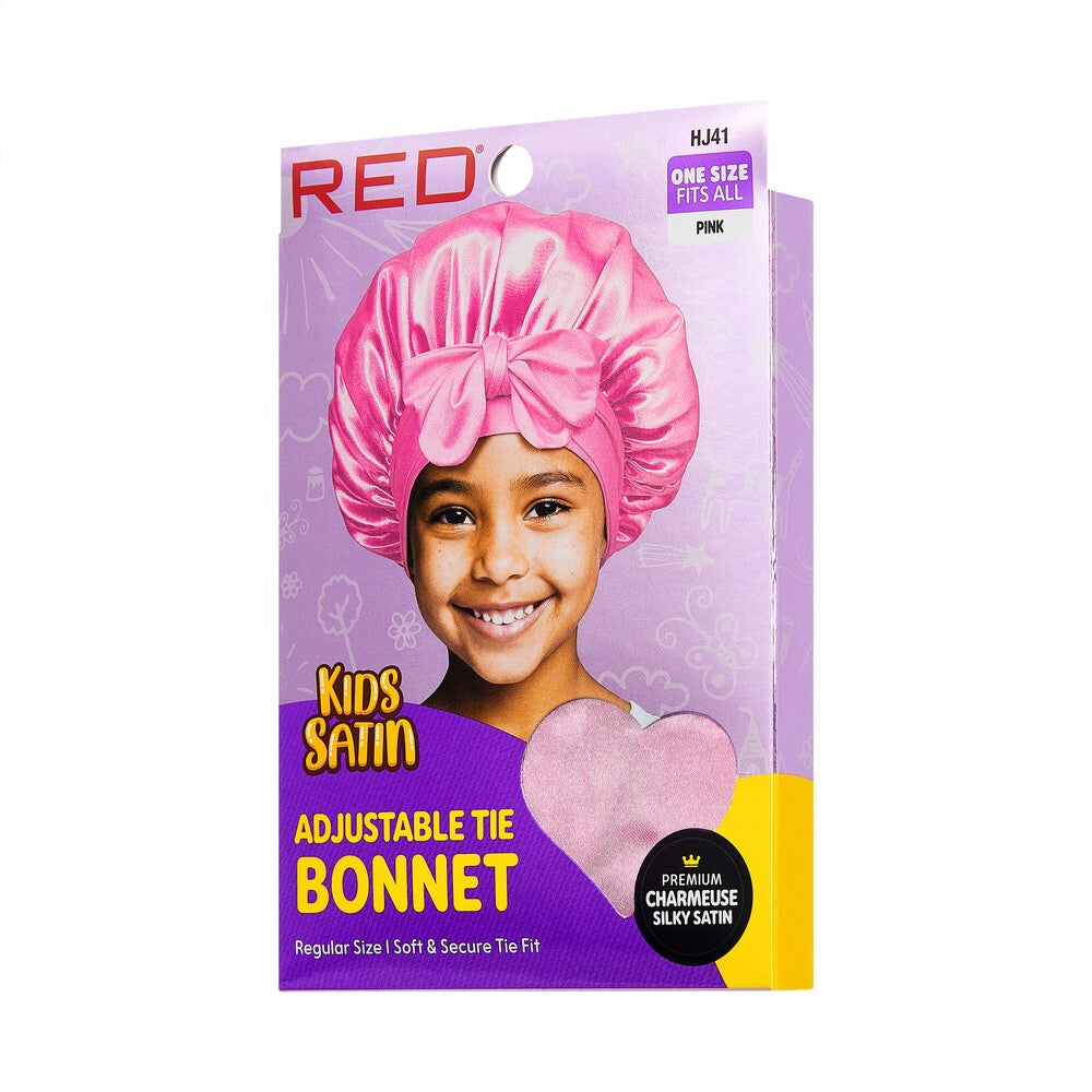 RED KIDS ADJUSTABLE TIE BONNET PINK