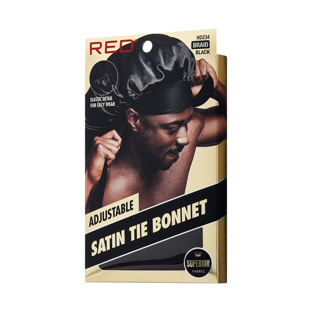 Red Mens Satin Tie Bonnet Braid Black