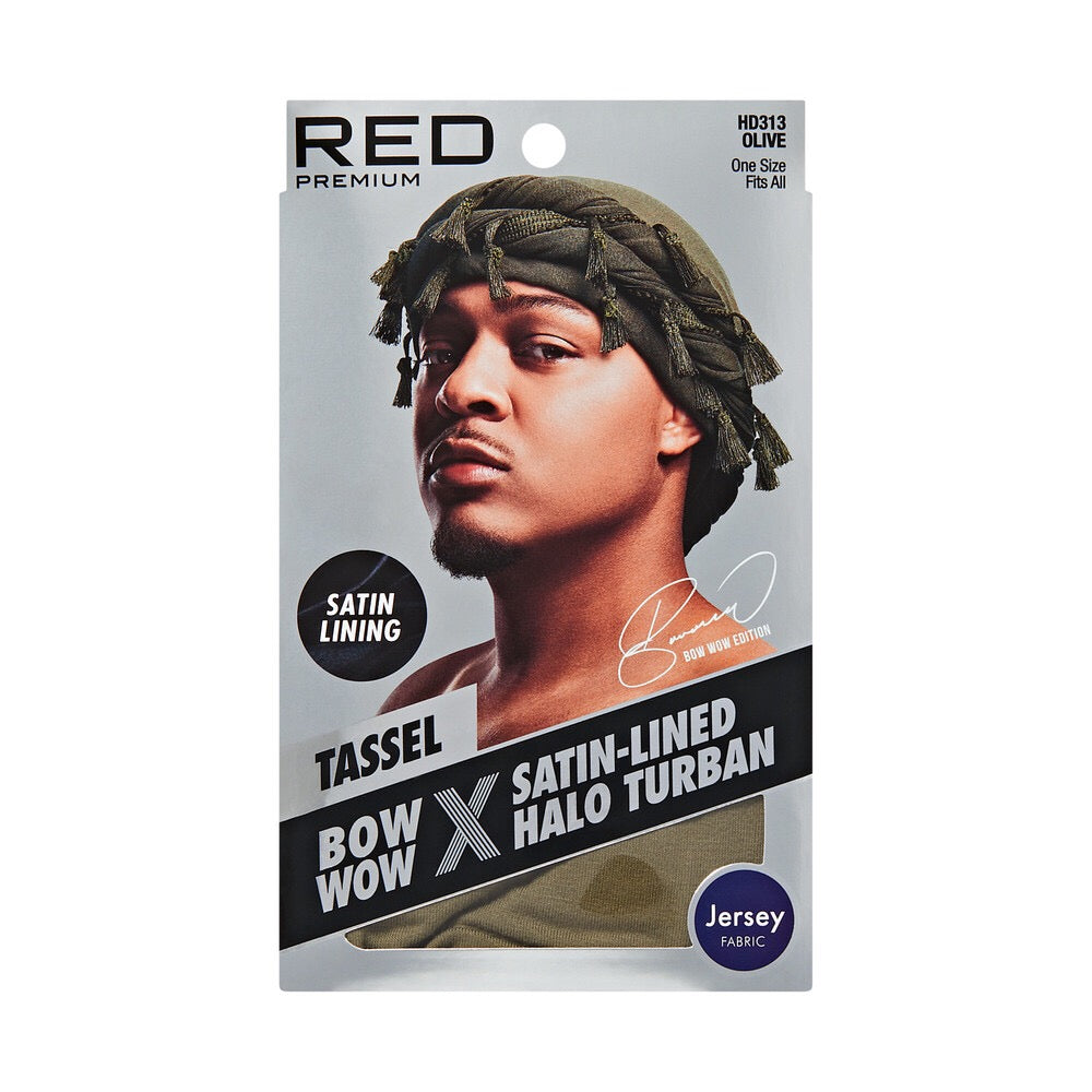 RED Satin Lined Tassel Halo Turban Jersey - Olive