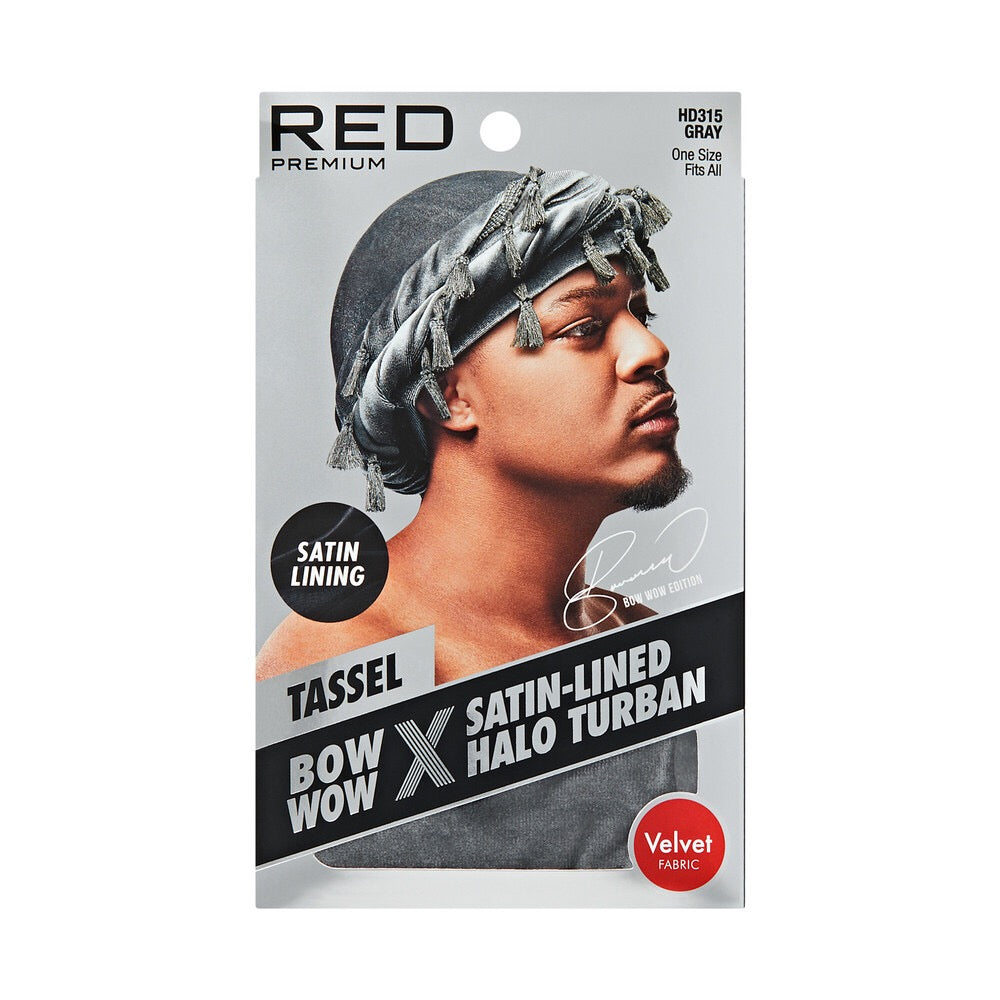 RED Satin Lined Tassel Halo Turban Velvet - Gray
