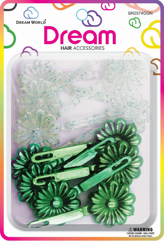 DREAM BARRETTES #74 DAISY 12PC GLITTER AND GREEN