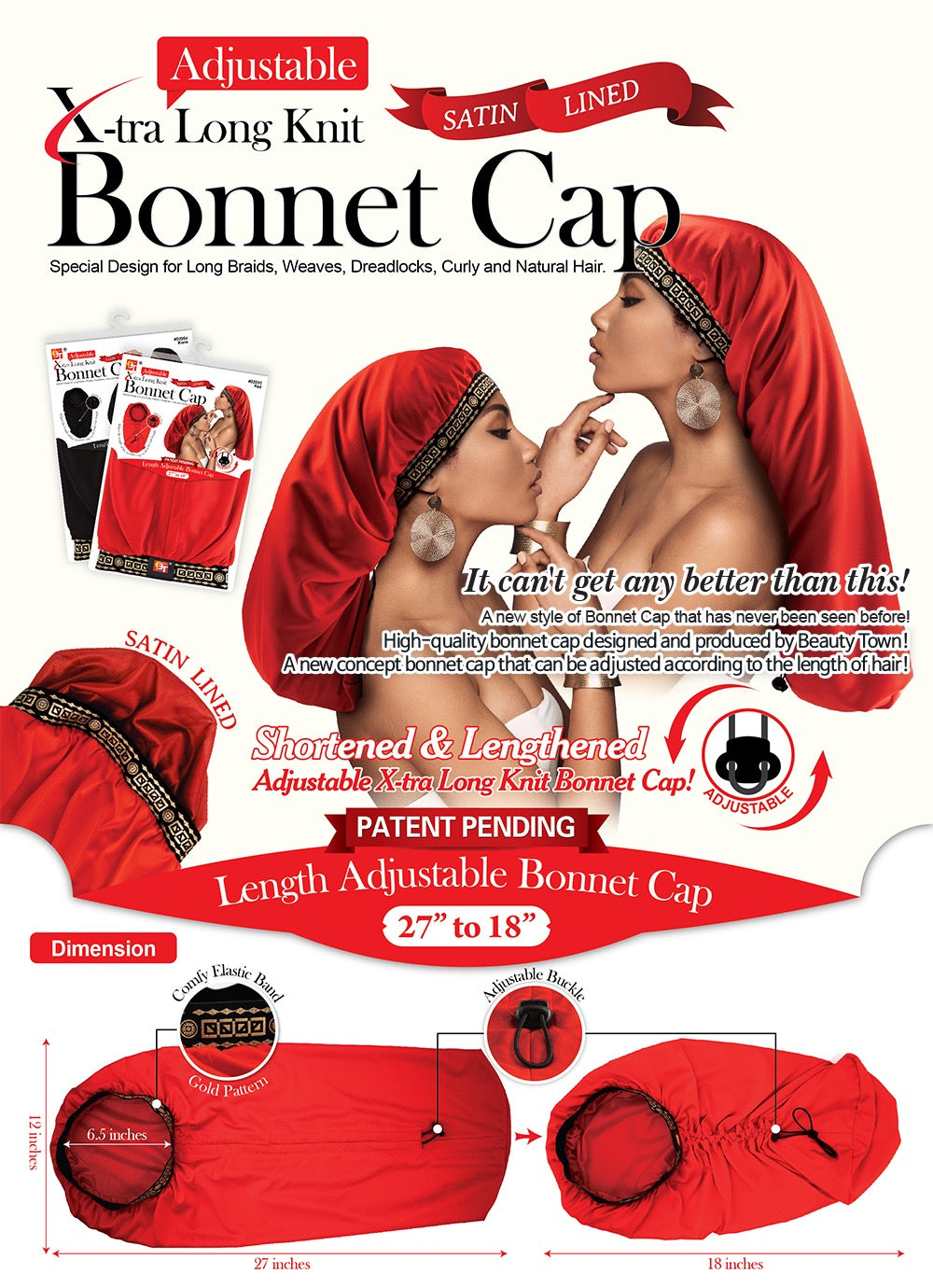 BT ADJUSTABLE X-TRA LONG KNIT BONNET CAP- BLACK