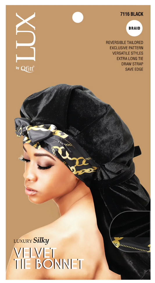 Qfitt Lux Silky Velvet Tie Bonnet Braid Black