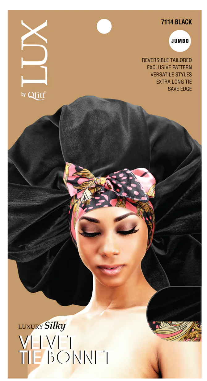 Qfitt Lux Silky Velvet Tie Bonnet Jumbo Black