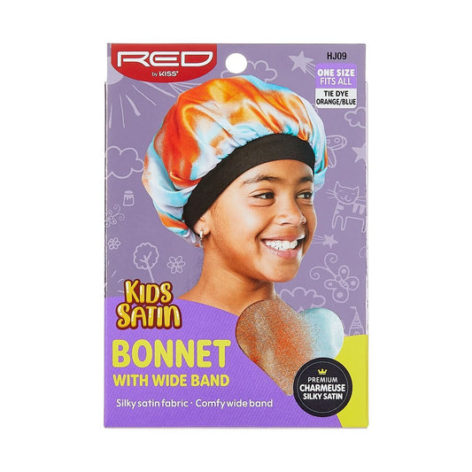 RED Kids Satin Bonnet Wide Band Tie Dye Orange & Blue